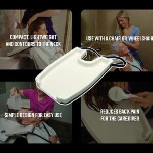 A collage of photos with the caption " compact, light and comfortable for neck. Use with a chair or wheelchairboard."