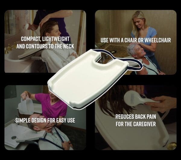 A collage of photos with the caption " compact, light and comfortable for neck. Use with a chair or wheelchairboard."