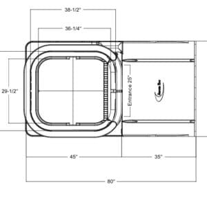 A drawing of the top view of a toilet.