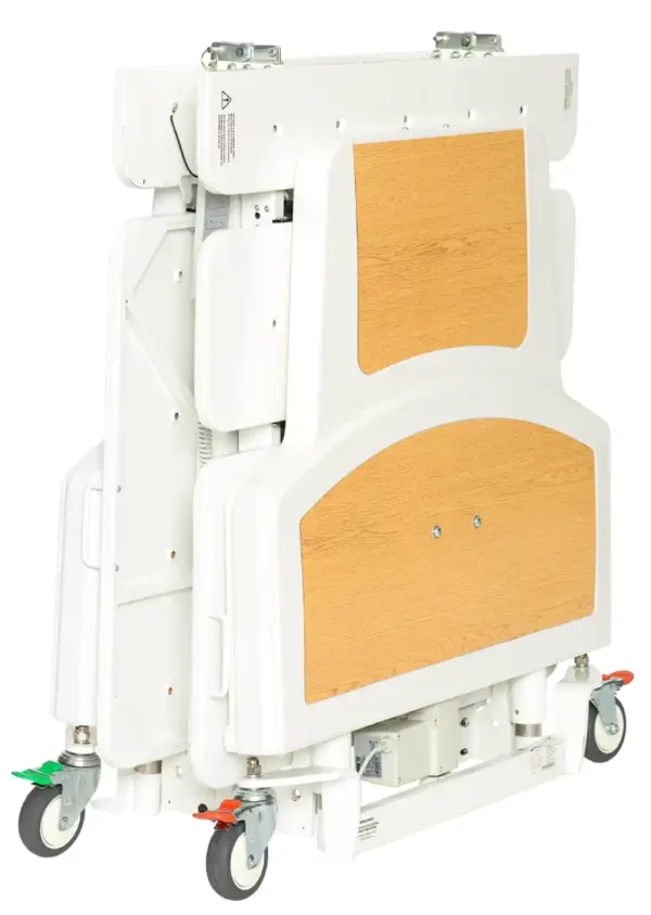 A white and orange hospital bed with wheels.