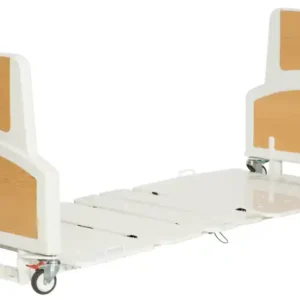 A white bed with wooden panels and wheels.