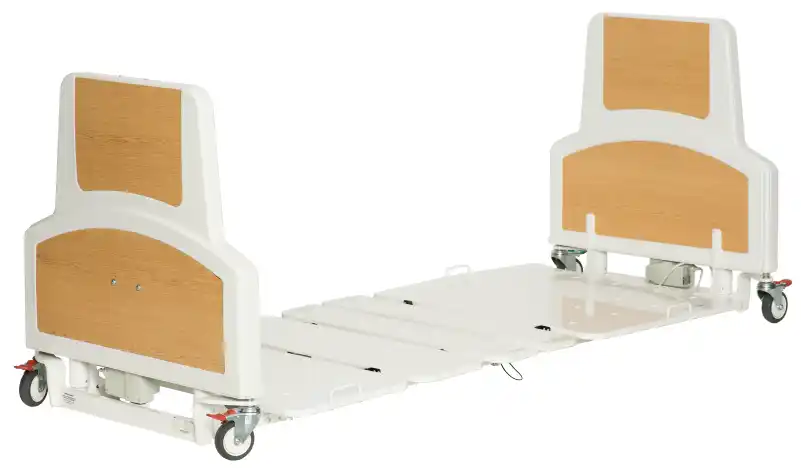 A white bed with wooden panels and wheels.